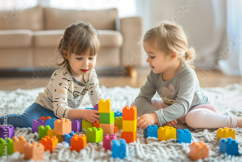 Children play with colorful plastic toy blocks.