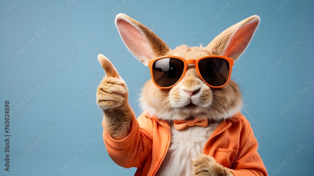Funny and cute rabbit pointing finger at a copy space background while ...