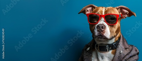 Confident and Stylish Dog in Suit and Sunglasses Against Striking Blue Background