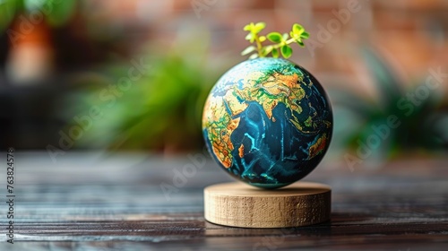 A small plant emerges atop a colorful globe resting on a wooden stand, representing global ecology and environmental awareness.