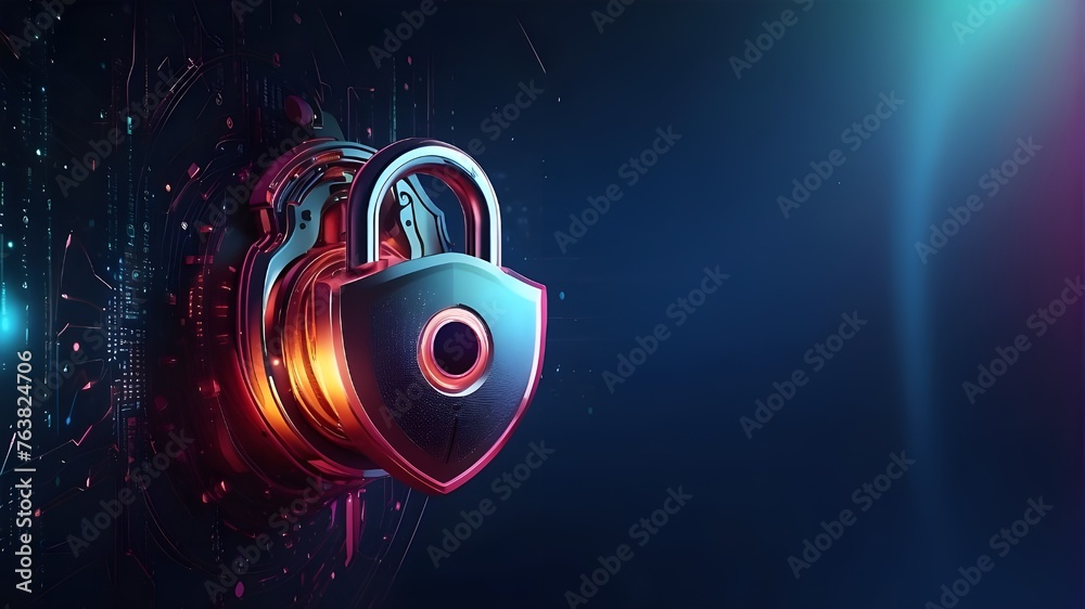 tech/security/cyber wallpaper, A padlock on a futuristic background represents internet security and the safeguarding of personal data. Abstract background of secure technology featuring circuit - obrazy, fototapety, plakaty 