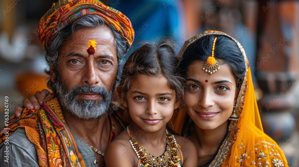 Image of joyful Indian family in nature.