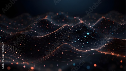 Digital technology of the future, abstract digital particles and waves over a black background, Network connections and digital cyberspace. Earth in space: the planet Earth, with its glistening oceans