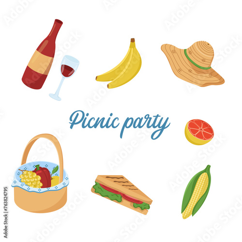 Vector illustration of food and drinks for an outdoor picnic. Colorful card for a barbecue party. Family weekend items. BBQ elements. Image of vegetables, fruits and picnic items.