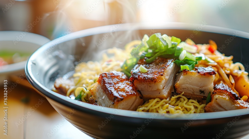 Sun-kissed noodle dish with succulent roasted pork belly. Sun-kissed noodle dish with succulent roasted pork belly.