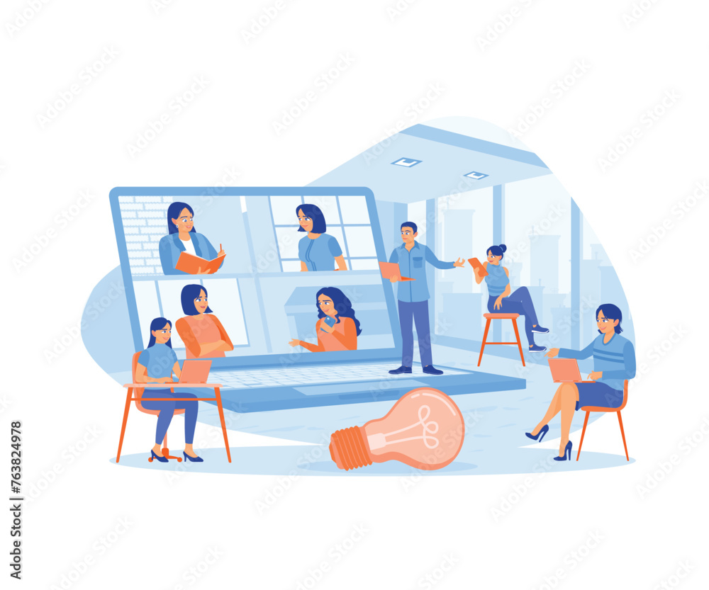 Business people and colleagues are holding online meetings. Exchange opinions and discuss during meetings. Video conference concept. Flat vector illustration.