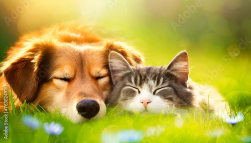 Closeup of a dog and a cat sleeping chilling relaxing together on a fresh green spring or summer meadow, illuminated by the sun. Generative Ai. photo