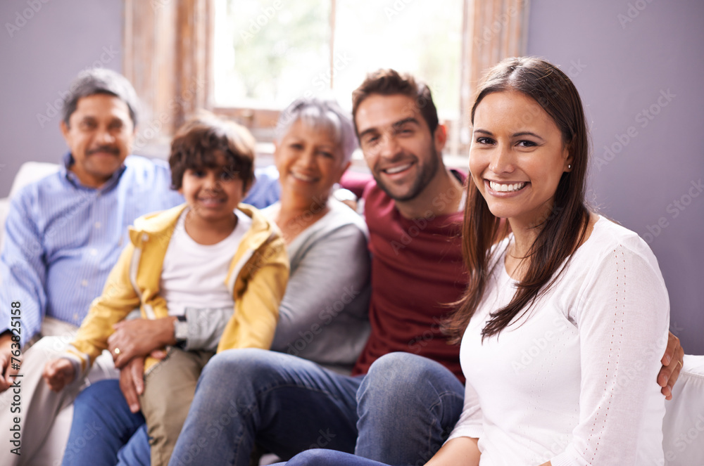 Portrait of grandparents, parents and children on sofa for bonding, relationship and relax together. Big family, happy and mother, father and kids with seniors for holiday, vacation and weekend Portrait of grandparents, parents and children on sofa for bonding, relationship and relax together. Big family, happy and mother, father and kids with seniors for holiday, vacation and weekend