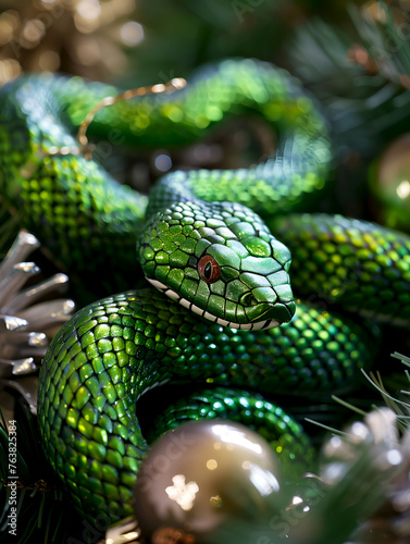 Green snake among Christmas ornaments, symbol of 2025, vertical. Green snake in festive decor. Emerald serpent in Christmas lights. Snake in holiday setting with baubles. Xmas and New Year background