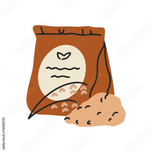 Oat cereal in craft package. Wheat groats from whole grain for eating. Organic food, source of carbohydrate, natural product. Healthy nutrition. Flat isolated vector illustration on white background