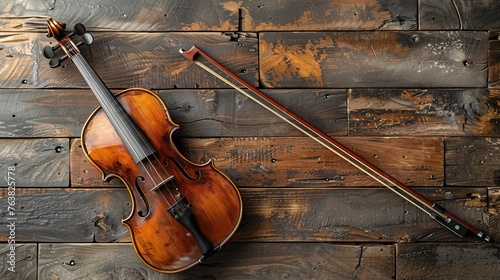 Violin resting on a timber surface.