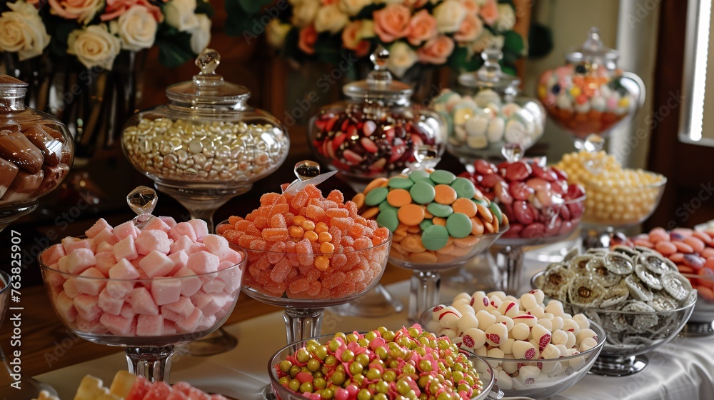 Wedding confectionery display with sweet adornments.