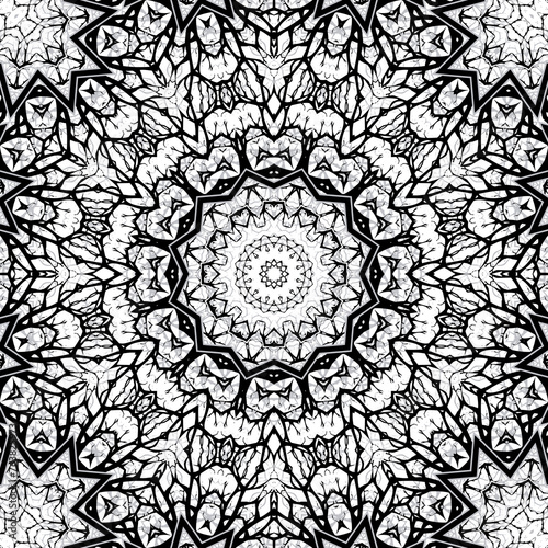 Seamless kaleidoscopic mandala pattern geometrical black white background