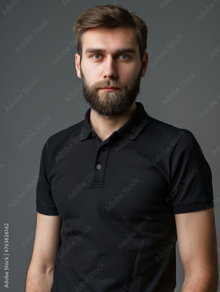 Bearded man with a neutral expression wearing a black polo shirt Bearded man with a neutral expression wearing a black polo shirt