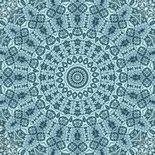 Seamless kaleidoscopic mandala lace pattern blue background