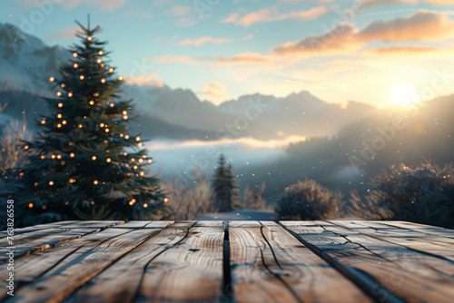 A cozy wooden terrace overlooks a festively lit Christmas tree photo