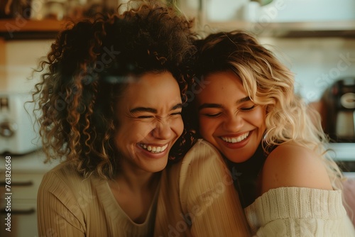 close up Lesbian couple laughing in a cozy kitchen  morning coffee scene  warm and inviting  soft neutrals