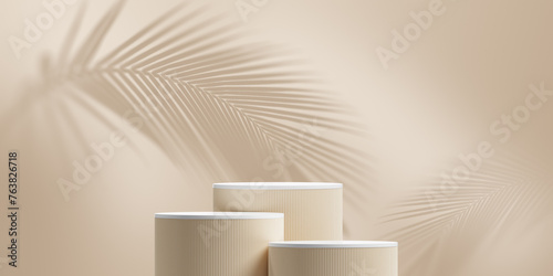Summer podium display product beige background 3d stage with abstract light shadow minimal wall show modern empty pedestal cosmetic backdrop studio stand beauty natural presentation tropical concept. © Lemonsoup14
