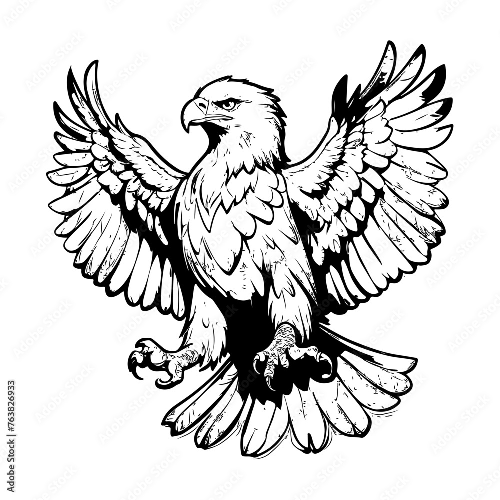 Fototapeta premium Intricately detailed line art of an eagle, depicted in black and white.