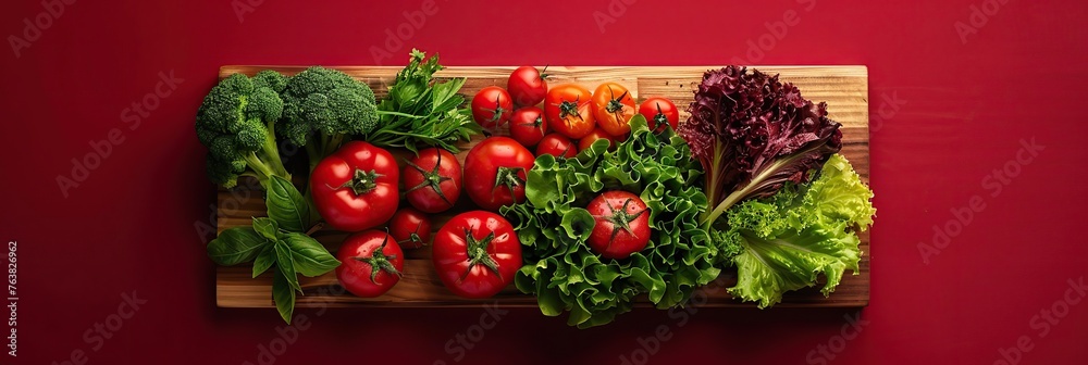 Fototapeta premium a set of juicy vegetables lying on the table commercial photo with space for text top view, banner