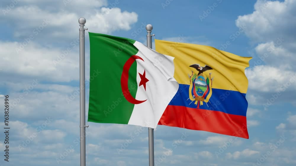 Ecuador and Algeria two flags waving together, looped video, two country relations concept Ecuador and Algeria two flags waving together, looped video, two country relations concept