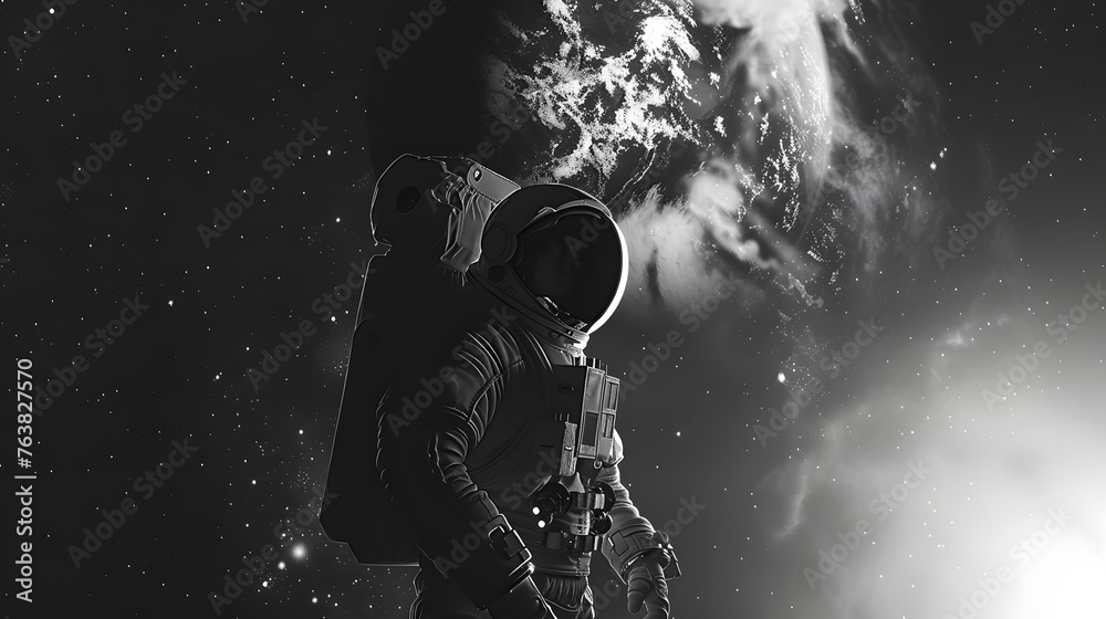A solitary astronaut gazes at a luminous planet from the rocky surface of the moon, in a striking monochromatic portrayal of space exploration - obrazy, fototapety, plakaty 