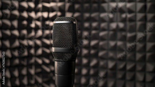 Dynamic close-up of microphone poised for performance, capturing the essence of audio recording