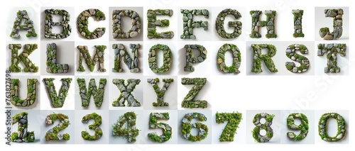 set of alphabet made of mossy stones isolated on white