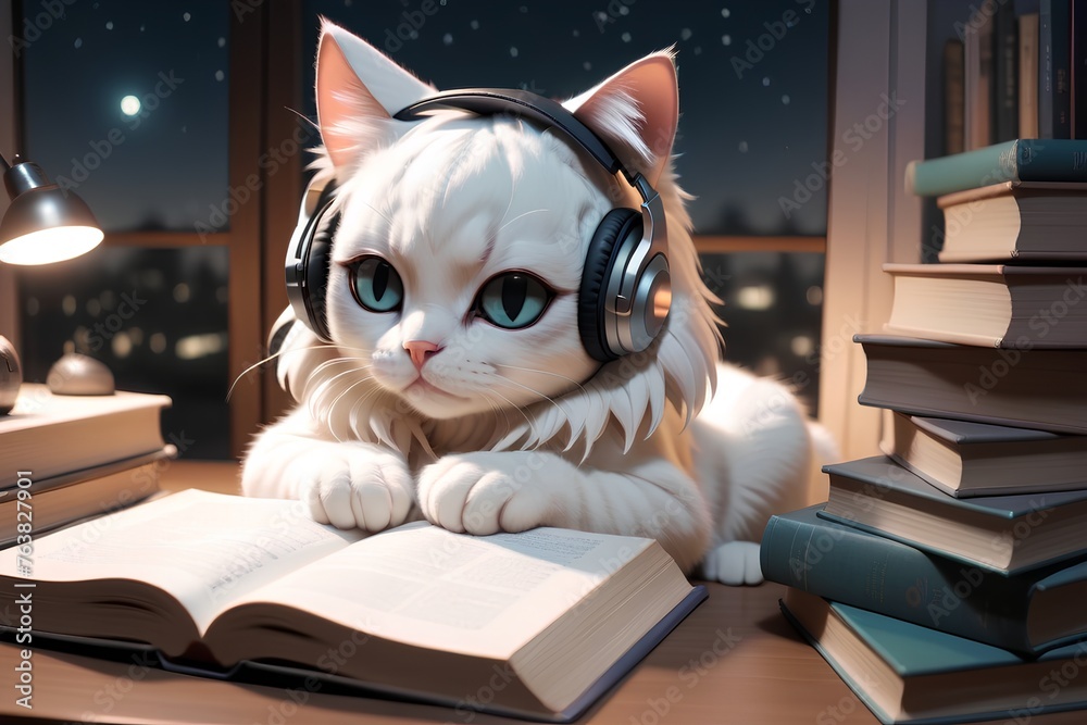 Lofi Cat Studying with headphones in a cozy room