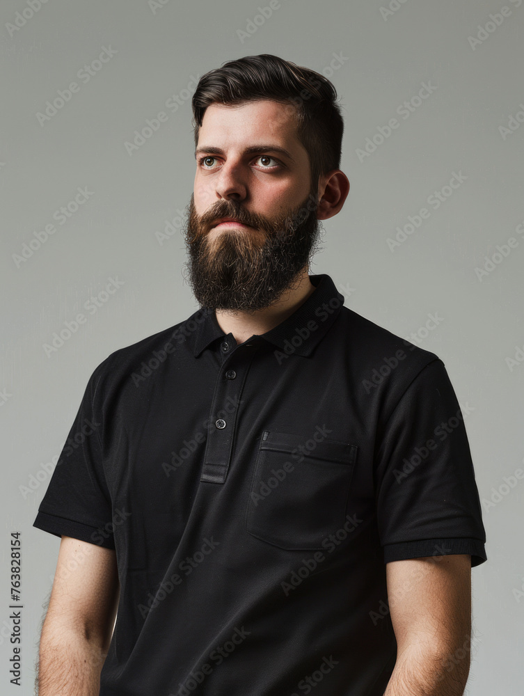 Obraz premium Pensive bearded man in a black shirt glances sideways in a modern studio setting