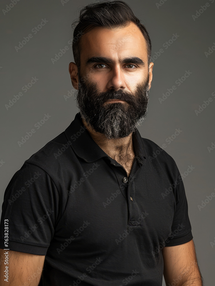 Commanding portrait of a bearded man with penetrating eyes and a black shirt