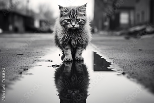 a cat walking on a puddle