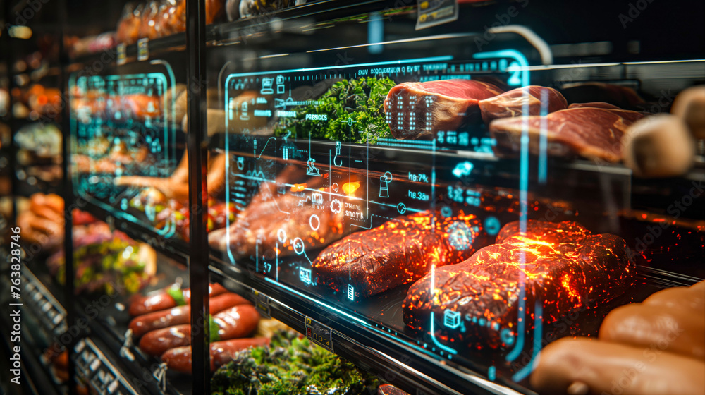 Modern Meat Display with Interactive Digital Information in High-Tech Store
