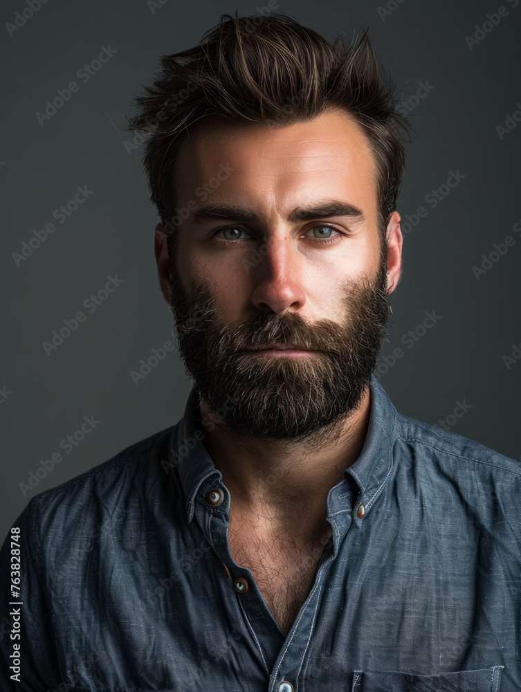 Portrait of a rugged bearded man exuding natural handsomeness in a relaxed pose