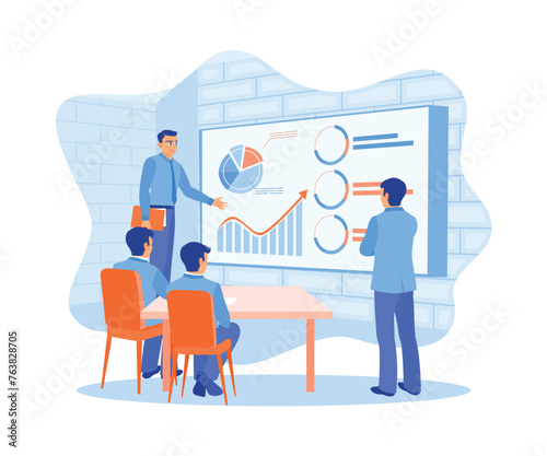 The CEO is holding a presentation for employees in the office. Discuss statistical data on the projector screen. Business Seminar & Webinar concept. Flat vector illustration.