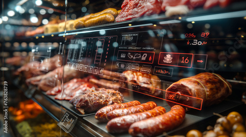 Smart Butcher Shop Display with Interactive Digital Screens and Various Meats 