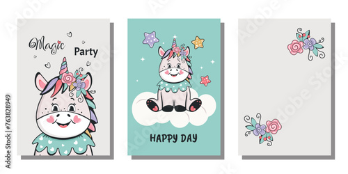 A set of birthday greeting cards, a poster, a party invitation, a template, greeting cards. A cute unicorn. Vector design.