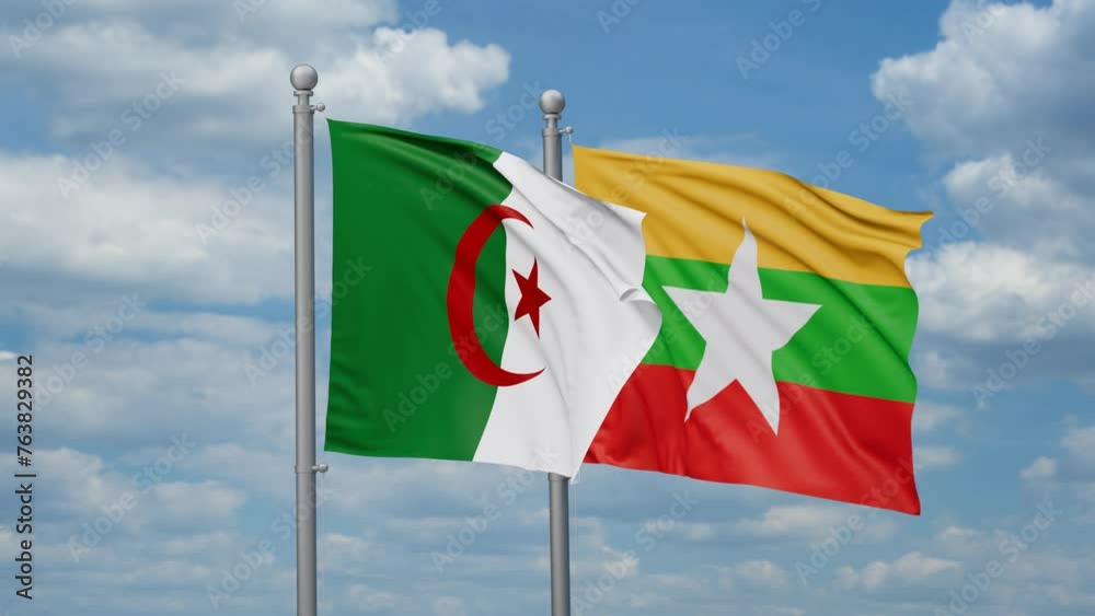 Myanmar aka Burma and Algeria two flags waving together, looped video, two country relations concept Myanmar aka Burma and Algeria two flags waving together, looped video, two country relations concept
