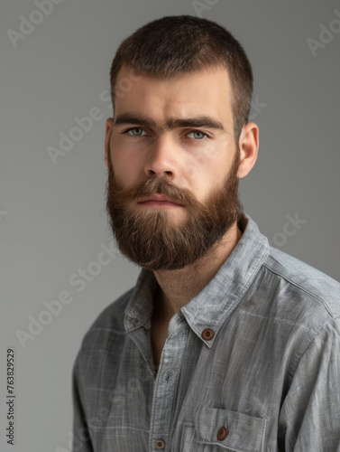 Intense man with a serious expression and a full beard in a grey shirt embodies focus
