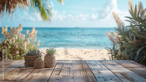 Beach Background With Accessories On Wooden Table with copy space.