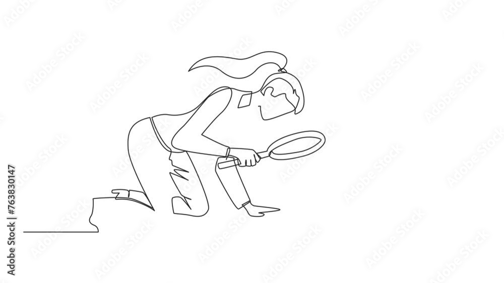 Animation of one line drawing of single one line drawing businesswoman holding magnifying glass looking at hourglass. lack of time to running a business. Bad time management. Full length motion Animation of one line drawing of single one line drawing businesswoman holding magnifying glass looking at hourglass. lack of time to running a business. Bad time management. Full length motion