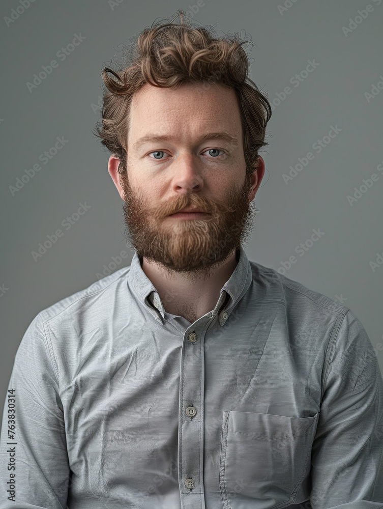 A composed portrait of a man sporting a curly beard, neat haircut, and a buttoned grey shirt in a studio setting A composed portrait of a man sporting a curly beard, neat haircut, and a buttoned grey shirt in a studio setting