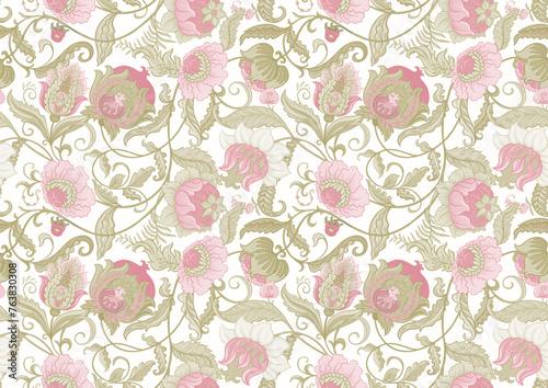 Fantasy flowers in retro, vintage, jacobean embroidery style. Seamless pattern, background. Vector illustration.