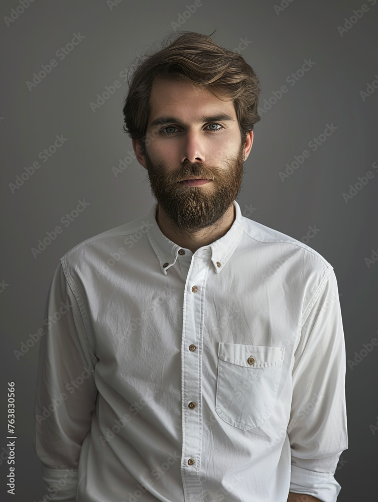 Obraz premium A poised young man with a well-groomed beard in a crisp white shirt against a soft grey studio background