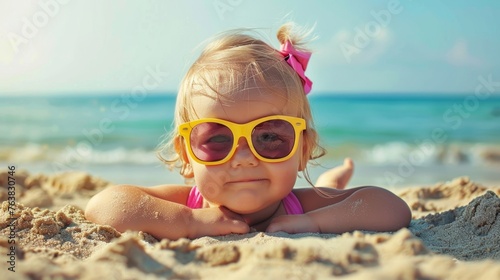 little cheerful girl rests on a summer day at the sea. summer vacation fun sea ocean beach