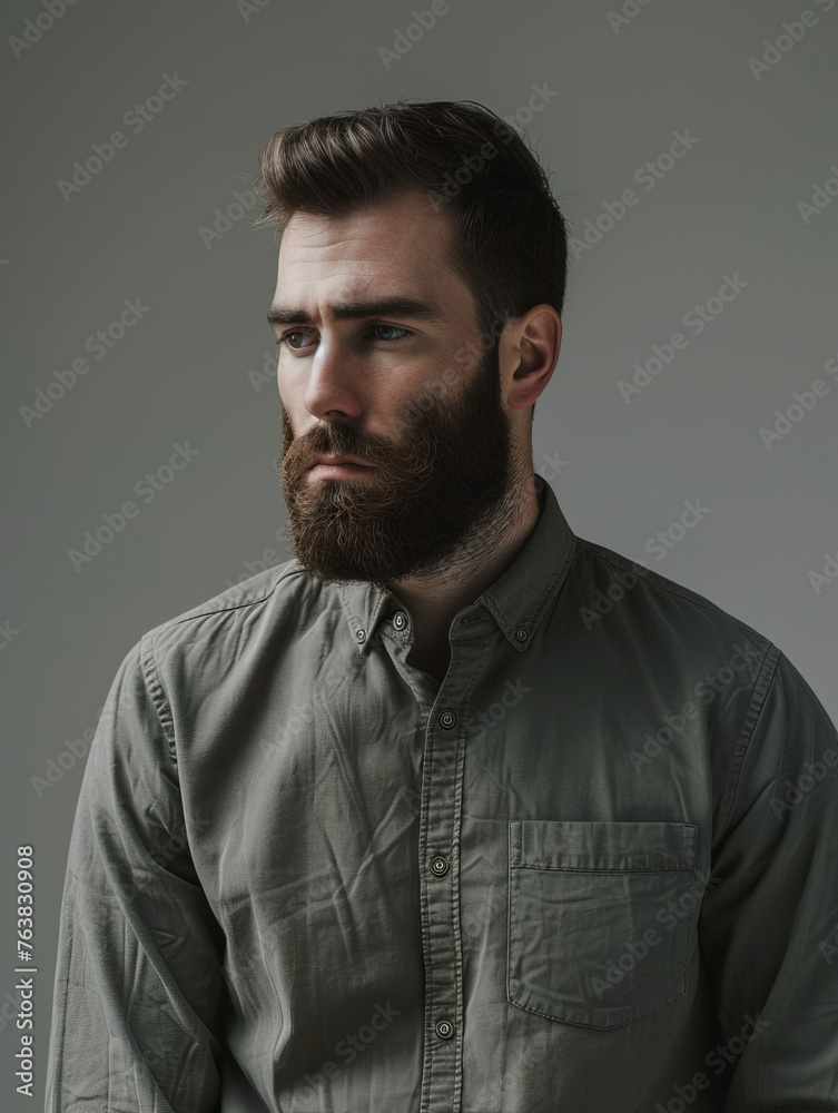 Obraz premium Studio capture of a pensive looking man with a styled beard, green shirt, and evocative lighting