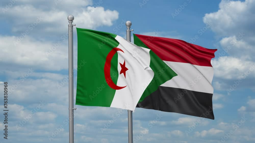 Sudan and Algeria two flags waving together, looped video, two country cooperation concept Sudan and Algeria two flags waving together, looped video, two country cooperation concept