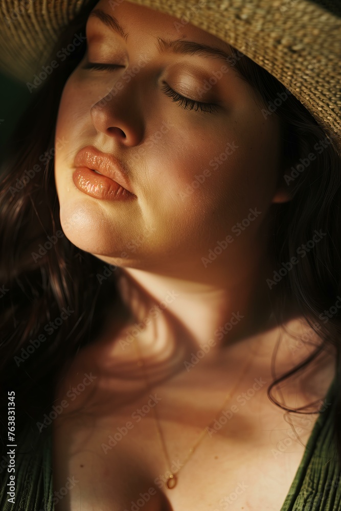 plus sized beautiful model wearing a sunhat, sunlight filtering through, soft shadows and warm tones plus sized beautiful model wearing a sunhat, sunlight filtering through, soft shadows and warm tones