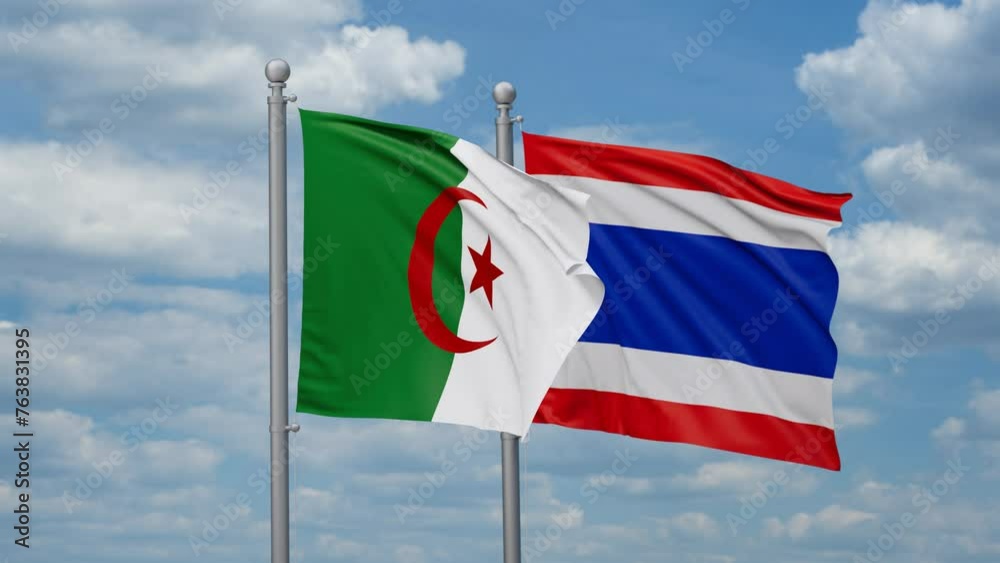 Kingdom of Thailand and Algeria two flags waving together, looped video, two country cooperation concept Kingdom of Thailand and Algeria two flags waving together, looped video, two country cooperation concept