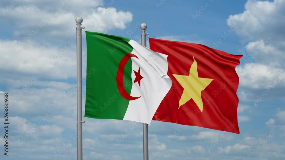 Vietnam and Algeria two flags waving together, looped video Vietnam and Algeria two flags waving together, looped video
